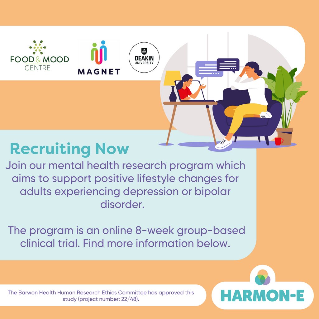 RECRUITING NOW: Australia-wide online mental health program. ONLY 5 SPOTS LEFT FOR 2022 The HARMON-E trial is designed to improve mood by stepping you through ways to make positive lifestyle changes. More info: 03 5227 2380, harmone@deakin.edu.au or foodandmoodcentre.com.au/projects/the-h…