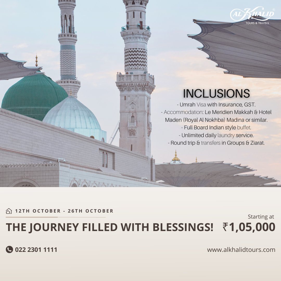 alkhalidtours's tweet photo. Allah is waiting to bless you! Yes, you heard that right... In The Quran Allah says, "Whoever comes to Me walking, I will come to him running".
So what are you waiting for? Book Your Umrah now! 

For bookings call on 022 2301 1111.

#umrah #umrah2022 #alkhalid #umrahtrip https://t.co/NCr2KxIXcR