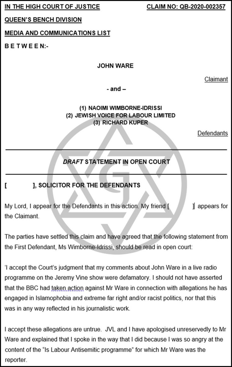 GnasherJew's tweet photo. Just in case you missed it, here is the apology read out in the High Court from the odious Naomi Wimbourne Idrissi &amp; “Jewish” Voice for Labour for defaming John Ware.

Lets hope this stops her and her cronies from spreading poisonous lies, we doubt it though. #LabourFiles https://t.co/eDFvSCg8kB