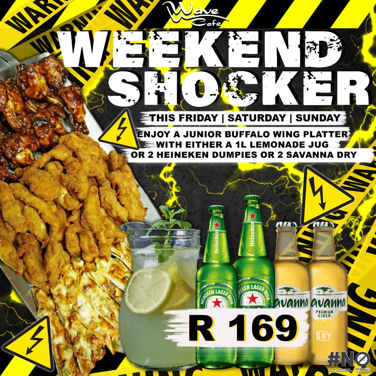 WaveCafeSA's tweet photo. ⚡⚡Here is Your Weekend Shocker⚡ ⚡

This Friday | Saturday | Sunday
 Enjoy a Junior Buffalo Wing Platter and Either a 1L Lemonade Jug or 2 Heineken Dumpies or 2 Savanna Dry Ciders for ONLY R169 👌 https://t.co/1Cn7rNXLB0