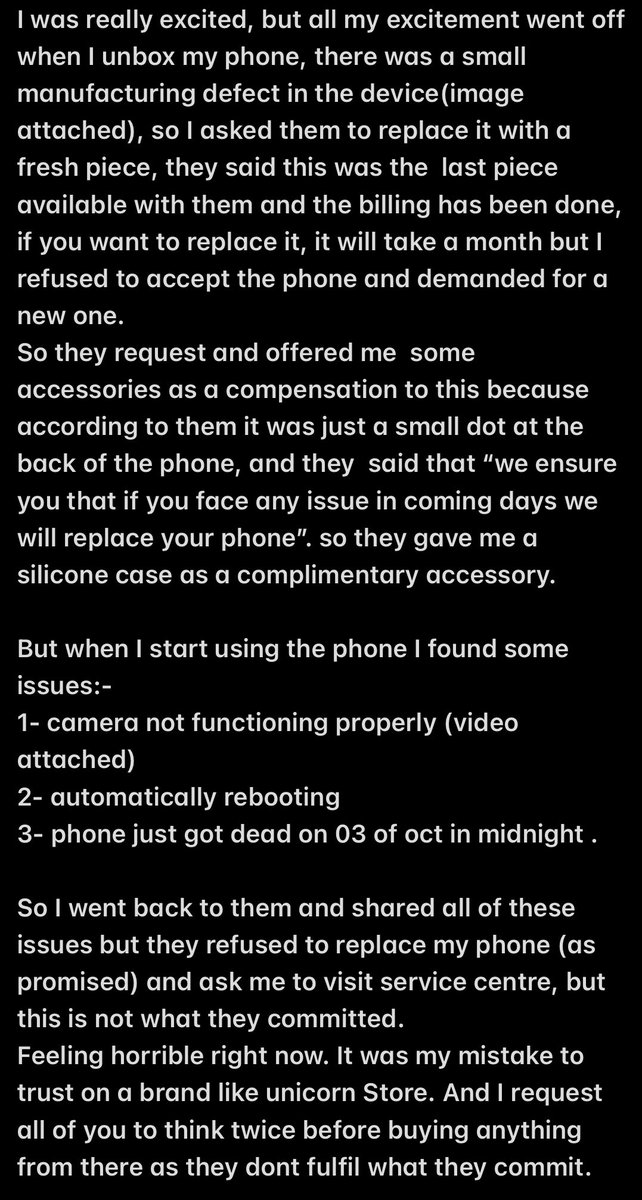 vaish_naman's tweet photo. @UnicornAPR @AppleSupport @Apple @UnicornAPR unicorn store sold me a defective #iPhone14Pro with the commitment of (
"we ensure you that if you face any issue in coming days we will replace your phone"
Now they refused and ask me to visit service centre.
#defectiveiphone14pro 
#fooledbystore https://t.co/lfQM3dsNIR