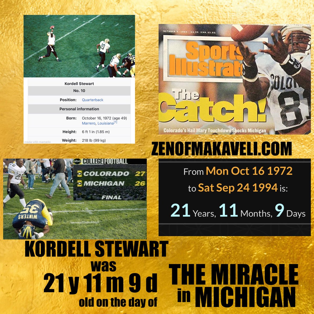 This is personally one of my favorite finds ever. YouTube this play ⬇️ #AMAZING @KSlash10 was exactly 21 y 11 m 9 d old on the day of the #MIRACLEinMICHIGAN HAIL MARY play. Imo greatest Hail Mary play ever. 21 11 9 🪞 9/11/2oo1 🔥 youtu.be/6ocm9HrZPB0 @CoachNeuheisel