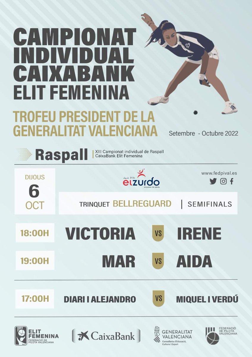 🗣 AQUESTA VESPRADA 🗓
<a href="/ZurdoPilota/">El Zurdo Pilota</a> de Bellreguard 🏟
            SEMIFINALS
  CAMPIONAT INDVIDUAL 
       RASPALL FEMENÍ 
   🔴VICTORIA⚔IRENE🔵
         🔴MAR⚔️AIDA🔵
    i abans gran partida de
    #raspall masculí juvenil
🔴Diari i Alejndro⚔️Miquel i Verdú🔵
   #pilotamola