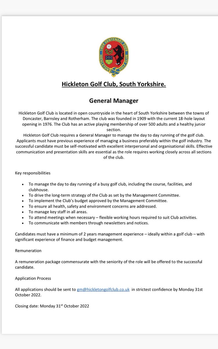 We are hiring… Please share. If you are interested in the position, please send a CV and covering letter to gm@hickletongolfclub.co.uk or if you would like any more information you can call us 01709896081 option 5.