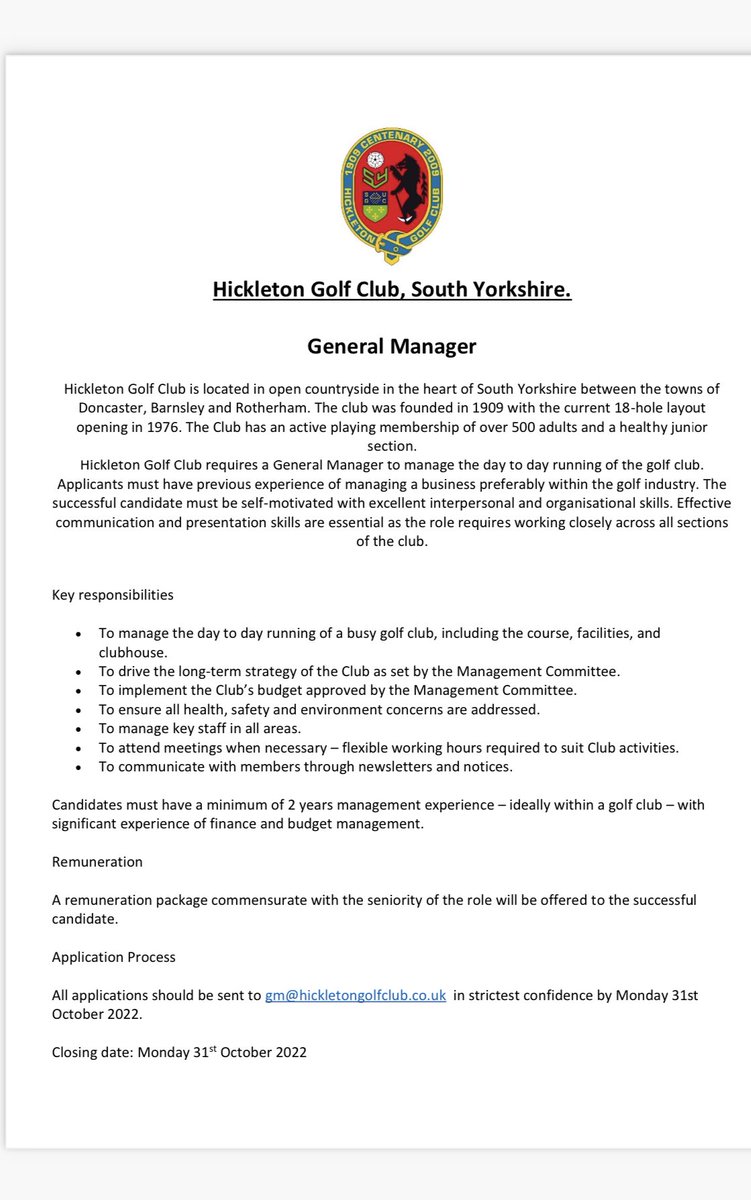 Hickleton Golf club (@hickletongolf) on Twitter photo We are hiring… Please share.
If you are interested in the position, please send a CV and covering letter to
gm@hickletongolfclub.co.uk or if you would like any more information you can call us 01709896081 option 5. We are hiring… Please share.
If you are interested in the position, please send a CV and covering letter to
gm@hickletongolfclub.co.uk or if you would like any more information you can call us 01709896081 option 5.
