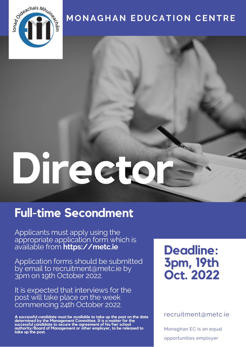 VACANCY: POST OF DIRECTOR Full-time secondment opportunity for the position of Director in Monaghan EC. Application form & full criteria are available to download at metc.ie Closing date: 1500hrs, 19.10.2022 @JCforTeachers @PDSTie @niptireland @cslireland