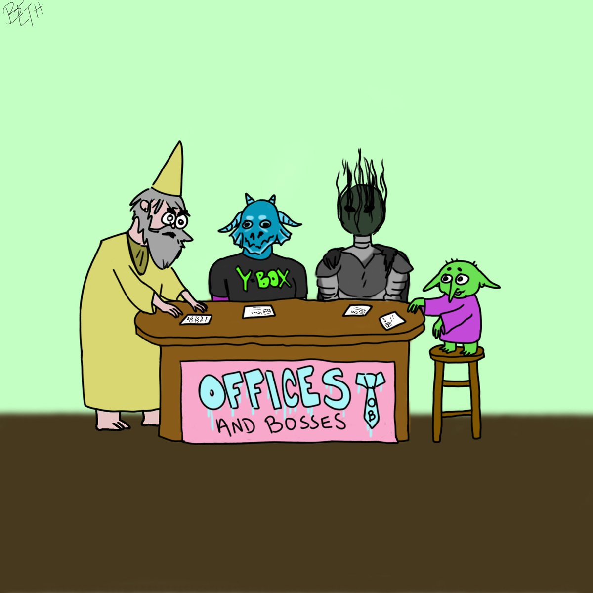 sentencedtobeth's tweet photo. Drew our DND party playing a good ol' game of offices and bosses, their favorite pastime in-between adventures #officesandbosses #hellofromthemagictavern #hftmt https://t.co/XvBR1L8IVq