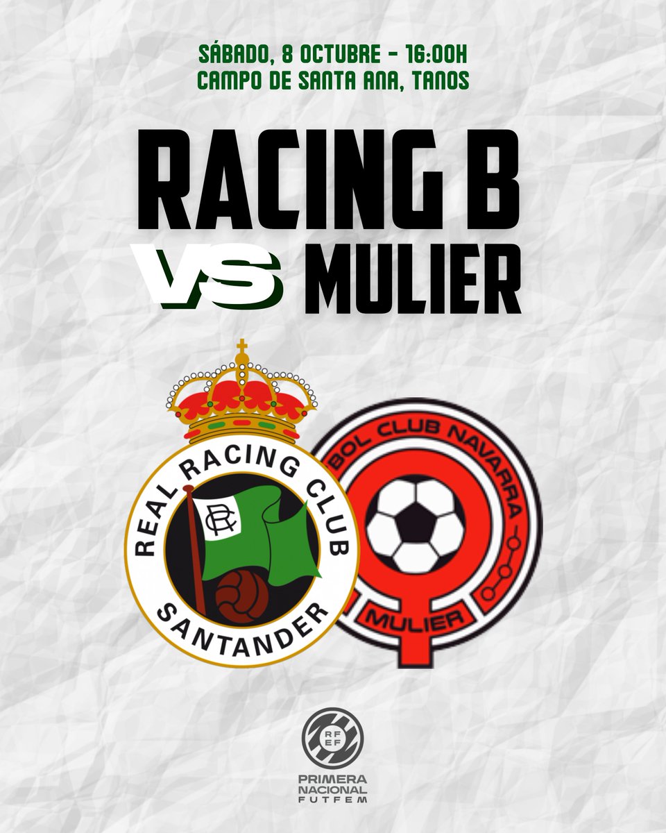 𝙁𝙄𝙇𝙄𝘼𝙇 🅱️

ℹ️ Jornada 5
🆚 <a href="/mulierfcn/">Mulier FCN 🏳️‍🌈</a>
🏟 Campo de Santa Ana
📍 Tanos
🗓 Sábado 8
⏰ 16:00h

#RacingFeminas