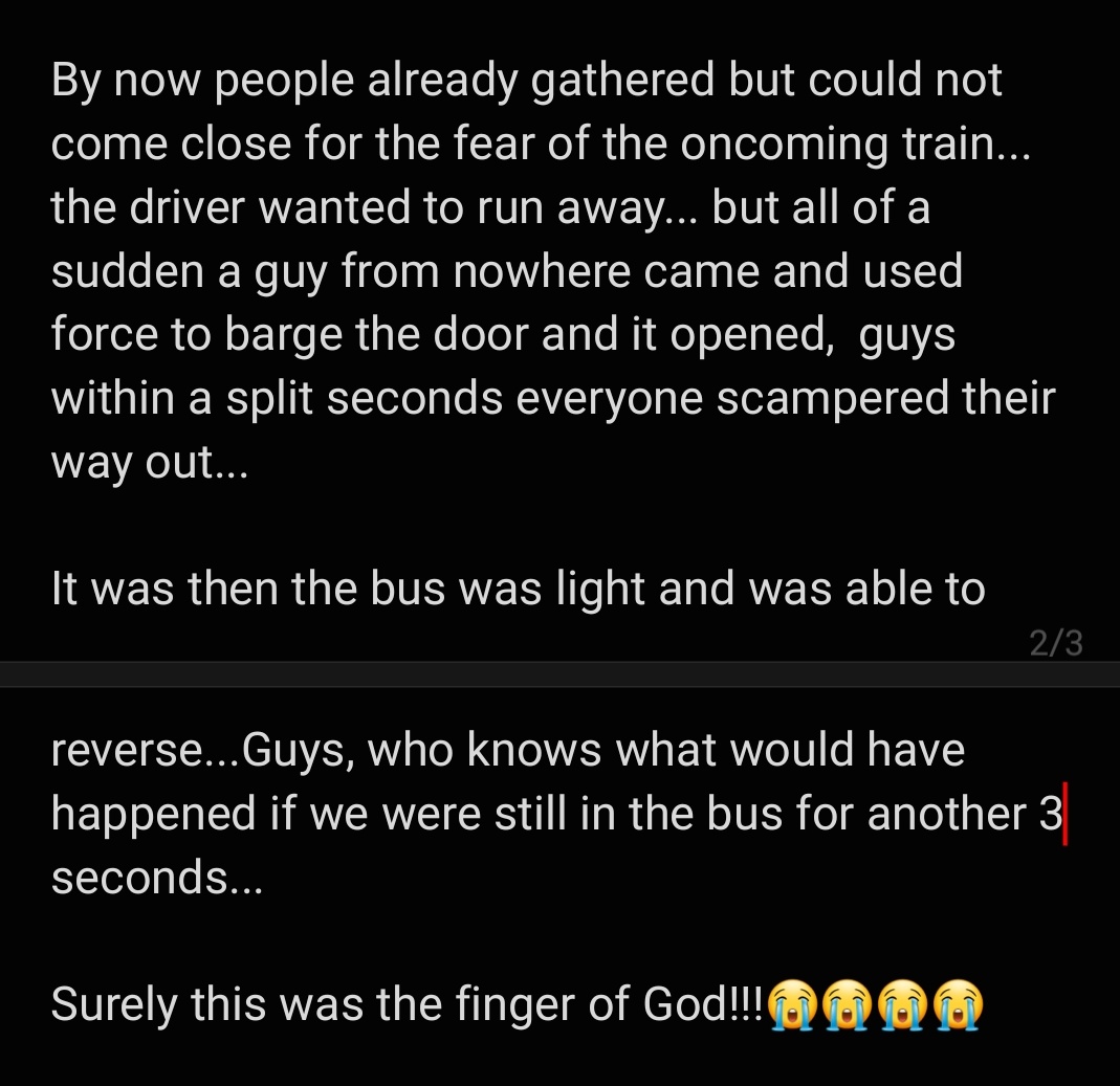 idemudia_p's tweet photo. Good morning #DLConversations...

If you noticed, I wasn't able to attend the space of yesterday...
Something terrible almost happened that would have taken my life. But God took control🥺🤲🏼...

We almost got smashed by a train😭😭!!!

This is my testimony 🥺 https://t.co/28lPf6M00w