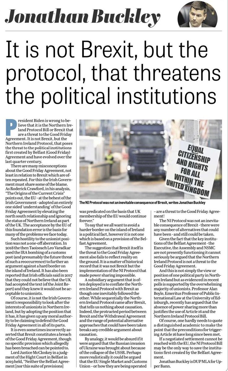 JBuckleyMLA's tweet image. It is a matter of historical record that it was not Brexit, but the implementation of the Northern Ireland protocol that made power sharing impossible.
Thanks to the @News_Letter for running this piece. 👇🏻