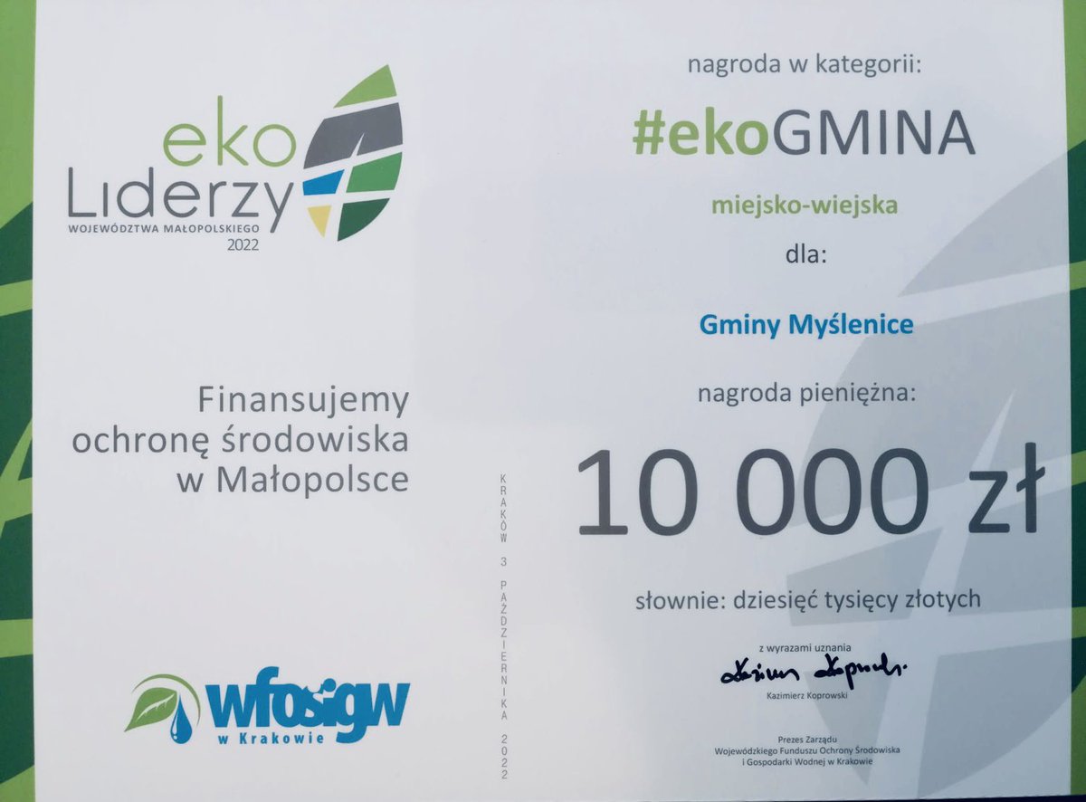 J_Szlachetka's tweet photo. Mamy to‼️ #Myślenice z nagrodą finansową 10 tys zł. i wyróżnieniem @WFOSiGWKrk jako „EkoLider 2022” za osiągnięcia w dziedzinie ochrony środowiska w województwie małopolskim 👍
#RazemDlaMyślenic
#PracujemyDlaWas
#ekoMY https://t.co/GCoXhywoWb
