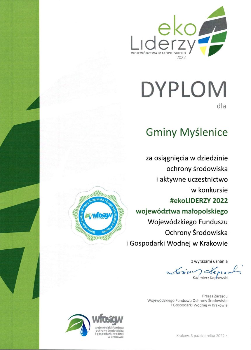J_Szlachetka's tweet photo. Mamy to‼️ #Myślenice z nagrodą finansową 10 tys zł. i wyróżnieniem @WFOSiGWKrk jako „EkoLider 2022” za osiągnięcia w dziedzinie ochrony środowiska w województwie małopolskim 👍
#RazemDlaMyślenic
#PracujemyDlaWas
#ekoMY https://t.co/GCoXhywoWb
