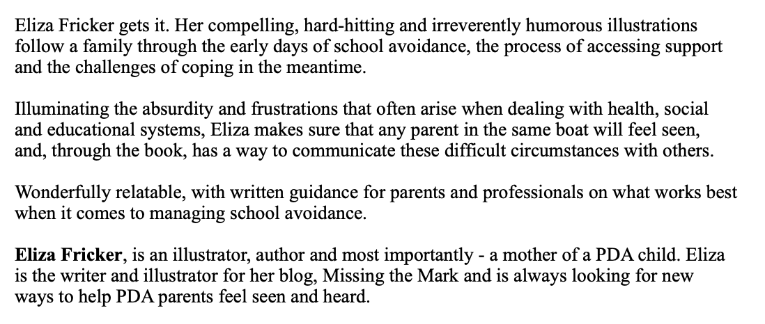 _MissingTheMark's tweet photo. My book Can't Not Won't published by @JKPBooks is out February 2023.

An illustrated book for parents and professionals about anxiety based school avoidance. https://t.co/WSDGEuOyPS