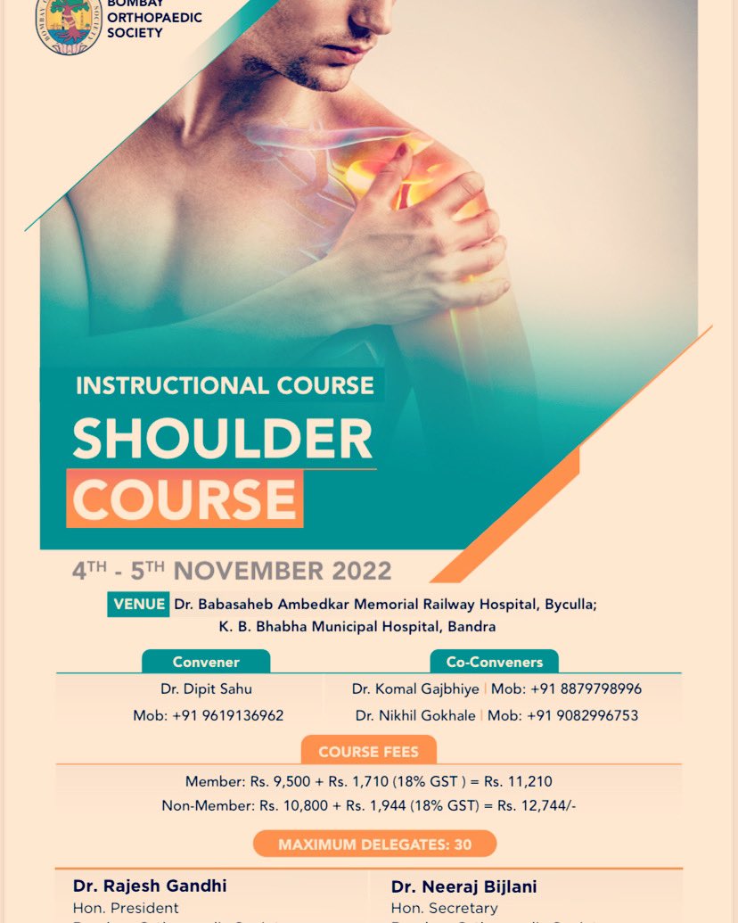 dipitshoulder's tweet photo. Welcome to the BOS live surgery shoulder course in Mumbai on4th and 5th November -live surgeries including Reverse shoulder, Anatomic Shoulder, Arthroscopic cuff repair, Arthroscopic Labral repair, proximal humerus fracture fixation, lateral end clavicle #orthotwitter #Shoulder https://t.co/gQDzNYK5Fx