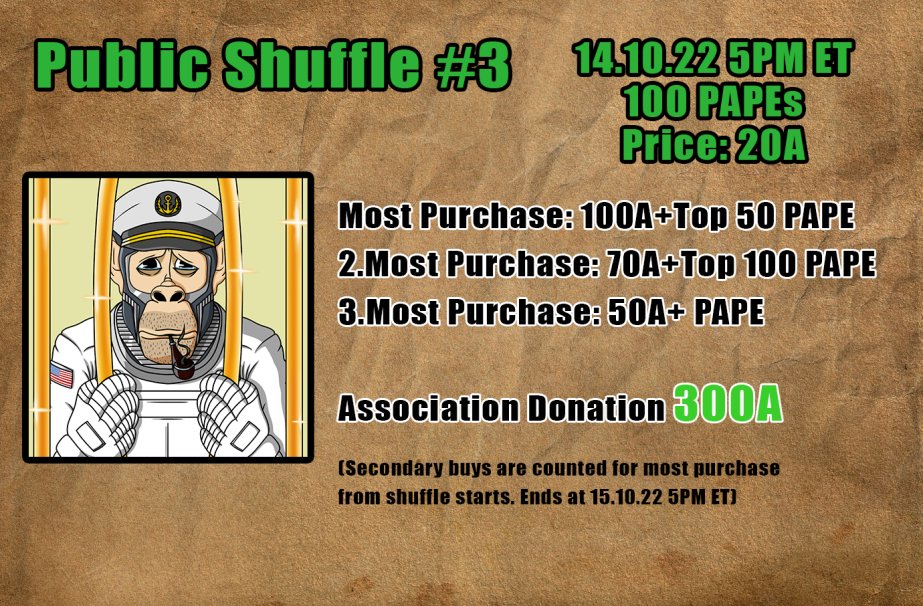 Hey PAPE Fam.

We look forward to Public Shuffle #3.

LFG!🚀 

#algofam #AnimalRights #freeape #PAPE