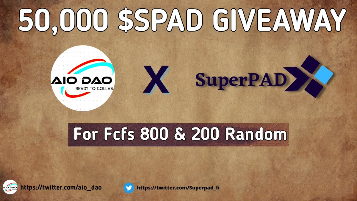 aio_dao's tweet photo. 📢 Massive #Tokengiveway 🔥

🎟️ Giveaway -
🎁 Total Pool 50,000 $SPAD Tokens For First 800 Users + 200 Random

To Enter - 
1⃣ Follow @aio_dao &amp; @superpad_fi
2⃣ ❤️,RT &amp; Tag 3 friends
3️⃣ Fill Form : https://t.co/4f7NoYmVB5
⏰ 10 Oct
#Airdrop #fcfs #NFTGiveaway #Giveaways #GIveaway https://t.co/FH2uY9dTBi