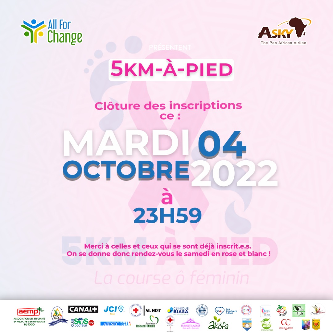 afctogo's tweet photo. Comme vous le savez l'inscription a pris fin le mardi 24 Octobre.
Mais la participation reste toujours ouverte car plus on est de fous plus on rit.
NB: Seuls les inscrits pourront bénéficier des nombreux lots à gagner lors de notre tirage au Sort.
#5KMAPIEDS
#OctobreRose2022 https://t.co/LR4Yj5QGTx
