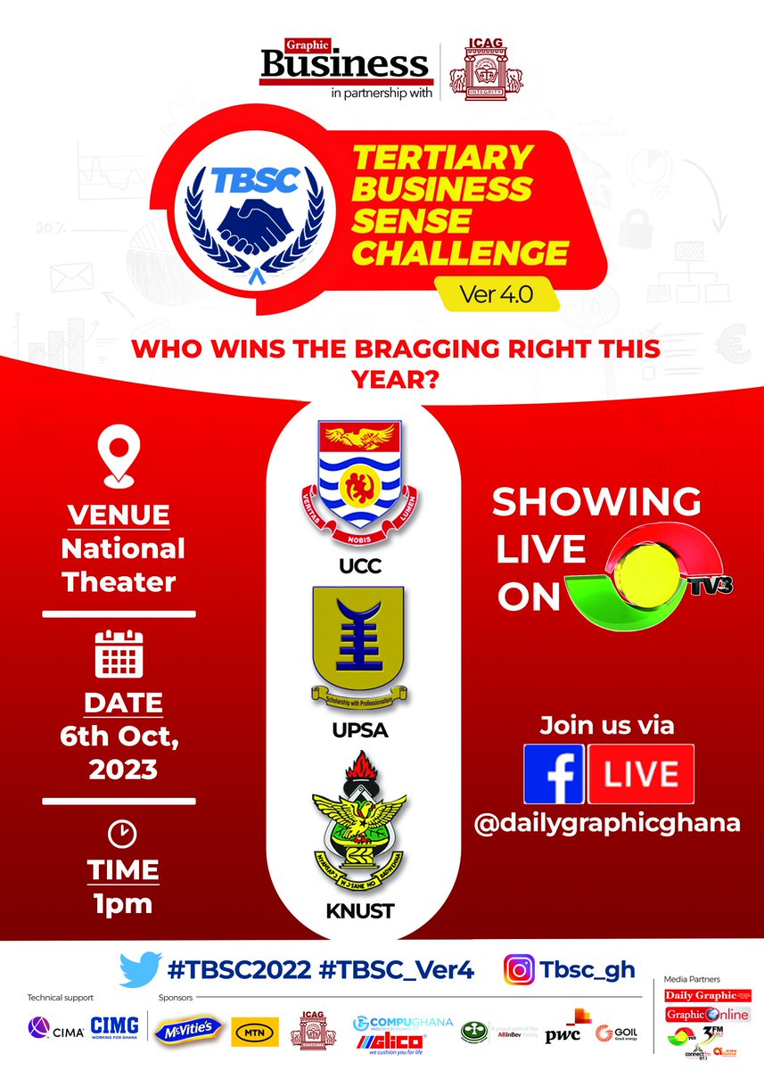TBSC_Ver4's tweet photo. Will #TeamUCC retain the trophy in this year's Tertiary Business Sense Challenge ?
Join us at exactly 1pm @ the National Theater as they battle it out with @VOICE_of_KNUST and @Voice_Of_UPSA or Join us live on @tv3_ghana
@GreatKsbsa
@UccabsO @upsaccra #TBSC_VER4 #TBSC2022 https://t.co/WwMJupE3ZE