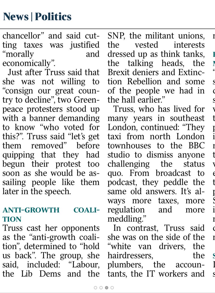 TerenceKnott1's tweet photo. #TrussMe rails against the “anti-growth brigade”

Labour - forging well ahead
LibDems - well meaning if vapid
SNP - showing clean pair of heels
Think-tanks - actually most are Tory (Tufton St ?!)
Brexit deniers - jury’s out #DizzieLizzie 
Extinction Rebellion - and Tories too? https://t.co/VEWFGResTd