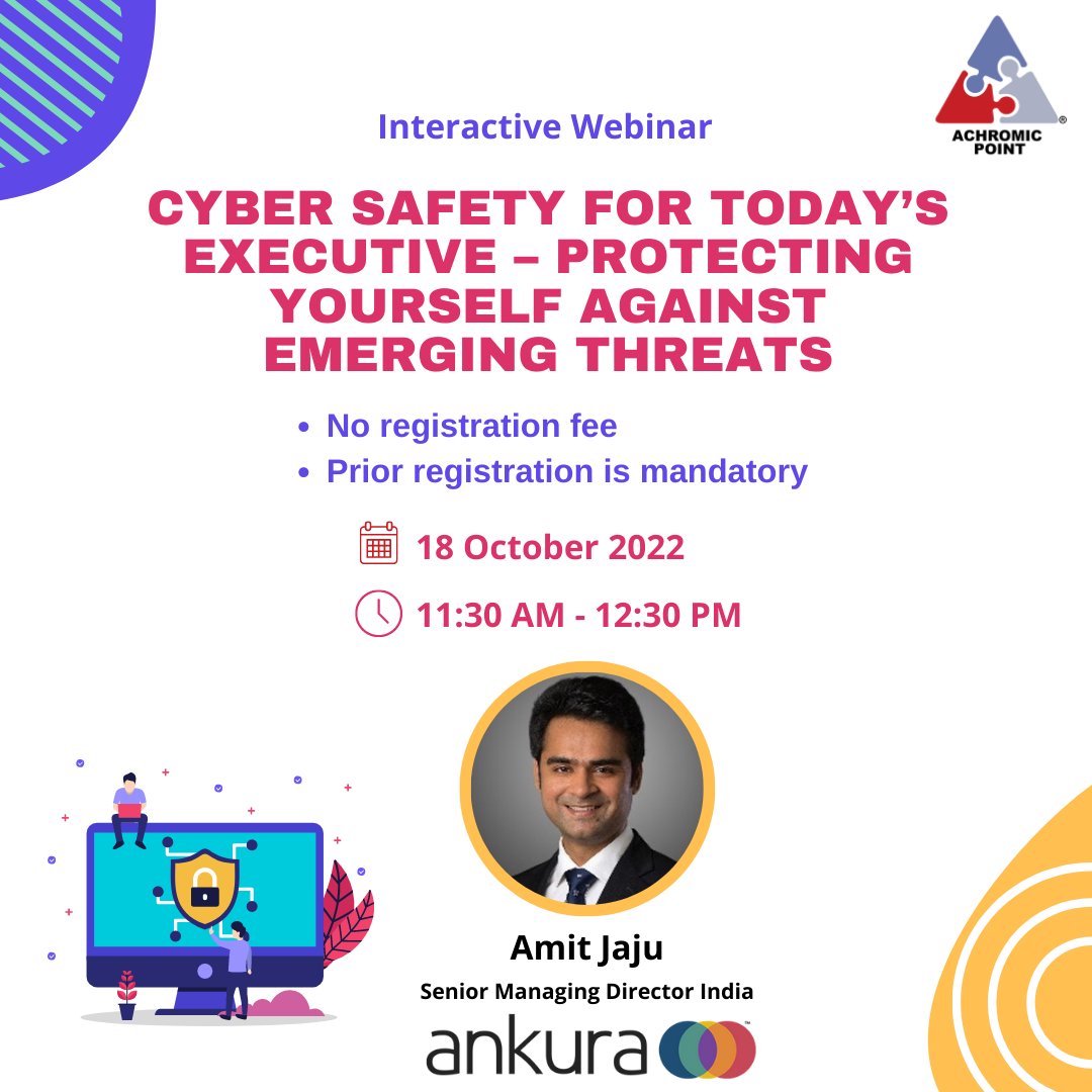 AchromicPoint's tweet photo. Join this “Interactive Webinar” on Cyber safety for today’s executive – Protecting yourself against emerging threats.
https://t.co/bdfgmljTSG
#InteractiveWebinar #CyberSafety #CyberSecurity #Cyber #CyberAttack #CyberCrime #CyberThreats #EmergingThreats #Webinar #ComputerSecurity https://t.co/goxDJF9S2I