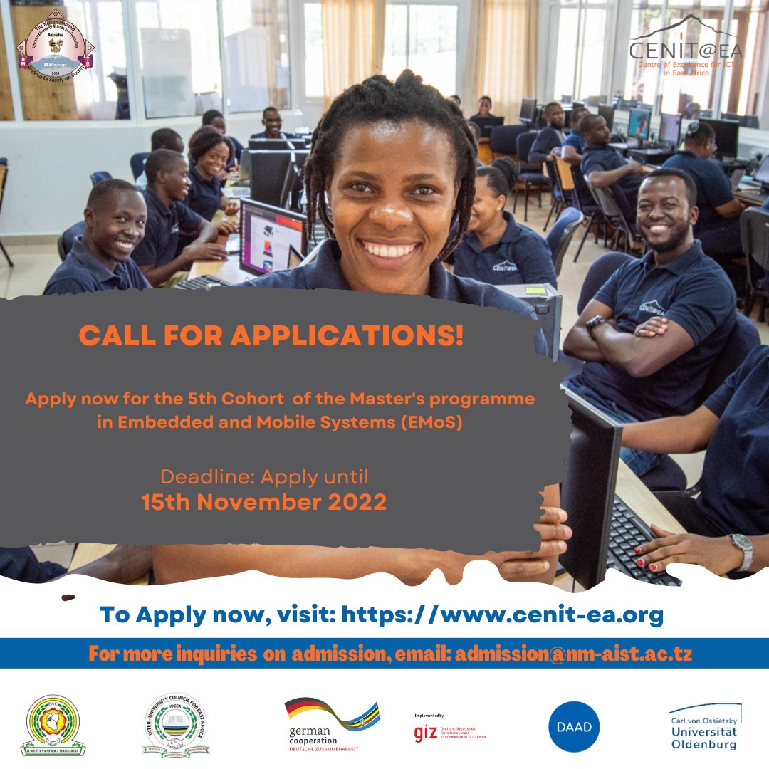 eacgiz's tweet photo. We encourage Young Professionals from @jumuiya 🇧🇮🇨🇩🇰🇪🇷🇼🇸🇸🇺🇬🇹🇿 to apply for a Master's Programme in Embedded &amp; Mobile Systems offered by @EaCenit under @NM_AIST. Bachelor's Degree holders in STEM fields can apply by 15th November 2022 via https://t.co/p5F5M17lFZ. #digital #youth https://t.co/RSSVnjDM6D