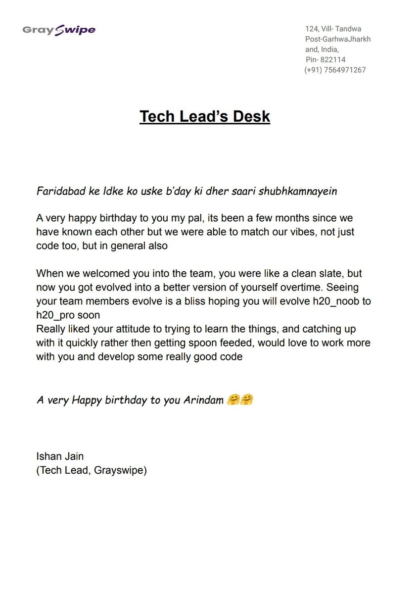 h2o_noob's tweet photo. So glad to receive appreciation letter on my birthday yesterday. @shubhamofc @0xshrinath @ishanjain_  you guys are the best. Great to be working with all of you💙 https://t.co/BtVU9IUwbD