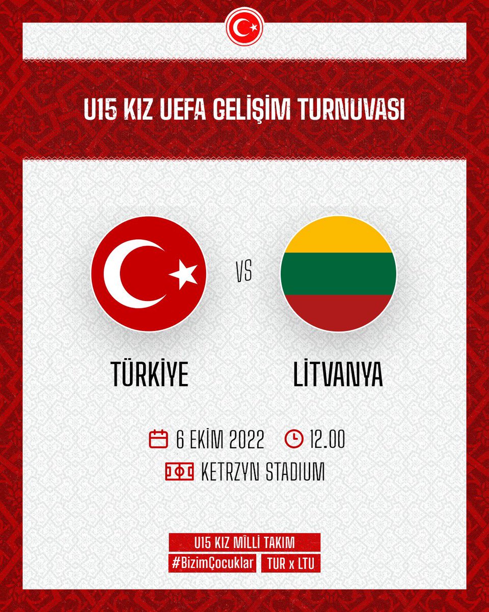 MilliTakimlar's tweet photo. U15 Kız Millî Takımımız, UEFA Gelişim Turnuvası'nda Litvanya karşısında. Başarılar #BizimÇocuklar! 🇹🇷
#TURLTU
🗓️ 6 Ekim
🕘 12.00
🏟️ Ketrzyn Stadium https://t.co/9T2I8VE8v4
