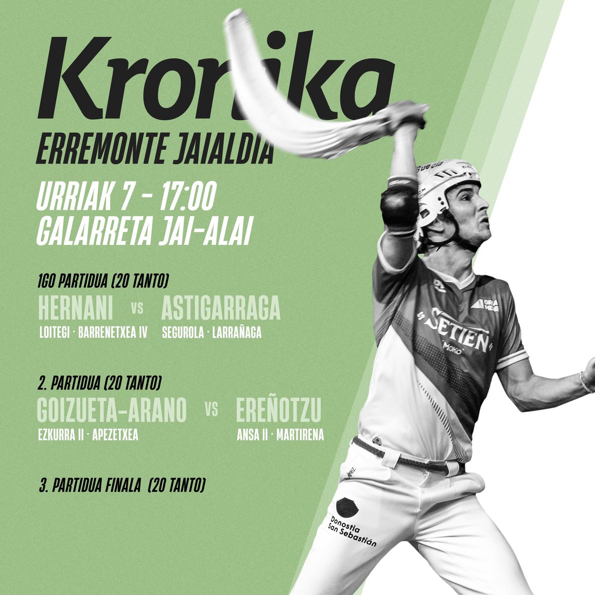 Bihar jokatuko da Kronikako erremonte jaialdia Galarreta pilotalekuan.

📆 Urriak 7, ostirala. 
⏰ 17:00 tan. 
📌 Galarreta Jai-alai pilotalekua. 

#kirola #erremontea #laguntza #ekitaldia #kronika #sagardotegiak #udaletxeak #babesa