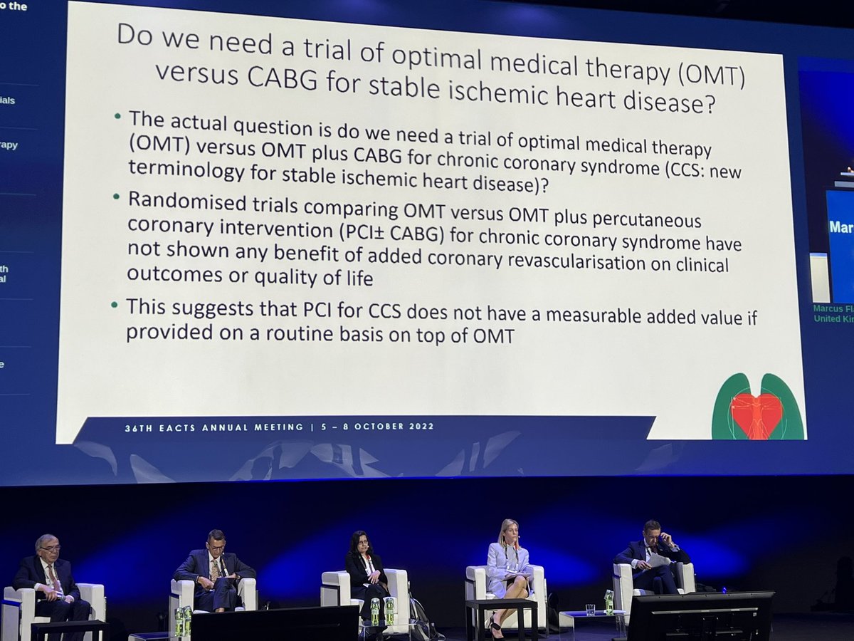 Fantastic talk and suggestion of a trial comparing OMT and CABG. Many points to be discussed but should be kept in site. @marcusflather @rafasadaba @EACTS #eacts2022