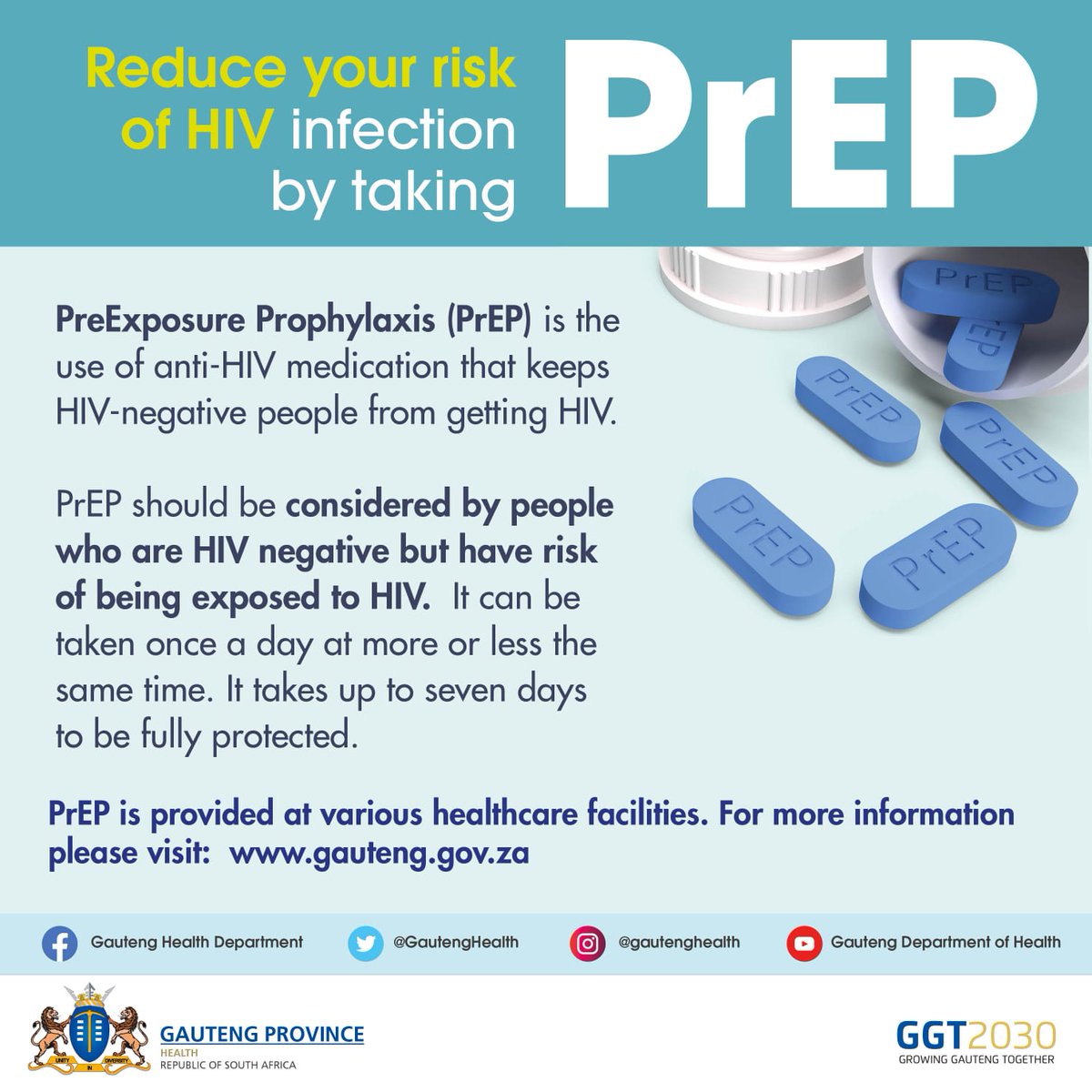 GautengHealth's tweet photo. Reduce your risk of HIV infection by taking PreExposure Prophylaxis (PrEP). People who are HIV negative but have risk being exposed to HIV should consider PrEP #PrEP #CheckaImpilo https://t.co/isbyfMBGvd