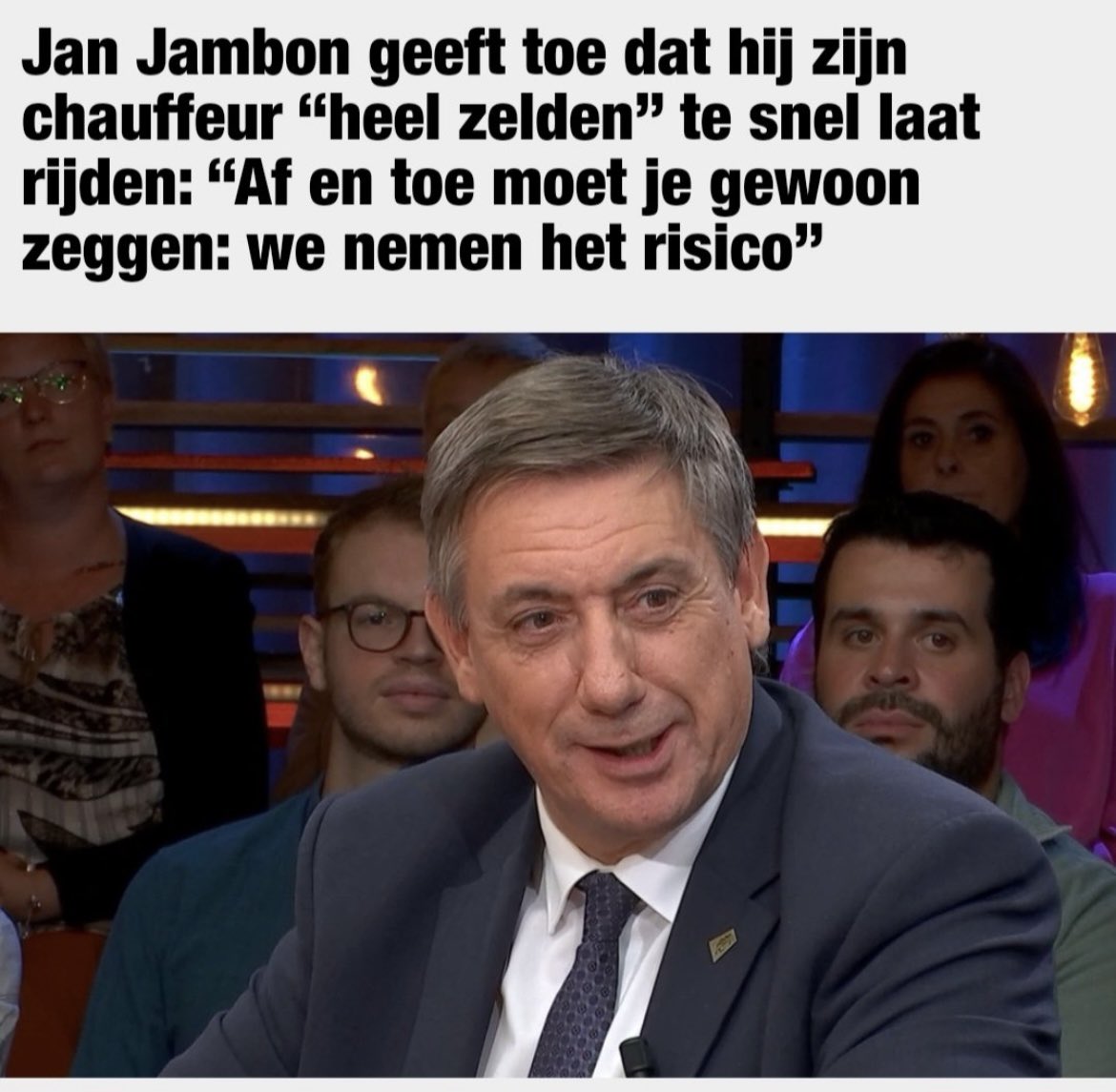 “Af en toe moet je gewoon zeggen: we nemen het risico” Het risico? Om een ongeluk te veroorzaken? Om iemand dood te rijden? Schaam u, @JanJambon