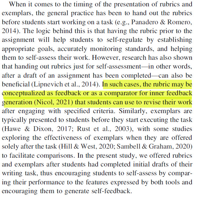 bastrimbos's tweet photo. Nice read! Unraveling the Effects of Rubrics and Exemplars on Student Writing Performance. #activefeedback Students can generate feedback from resources themselves. Nice articulation of comparison processes. Thanks @ALipnevich @ernestopanadero and Terrence Calistro. https://t.co/E2fNJYSOX7