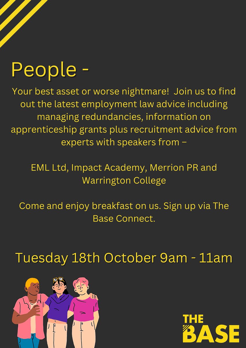 TheBaseWA's tweet image. Join us on the 18th of October for your free masterclass on how to best manage people within your business. Don&apos;t miss out. Sign up here ➡️ bit.ly/3EgqYhA

#FindYourBase #BaseConnect #Warrington #technology #digital #advancedengineering