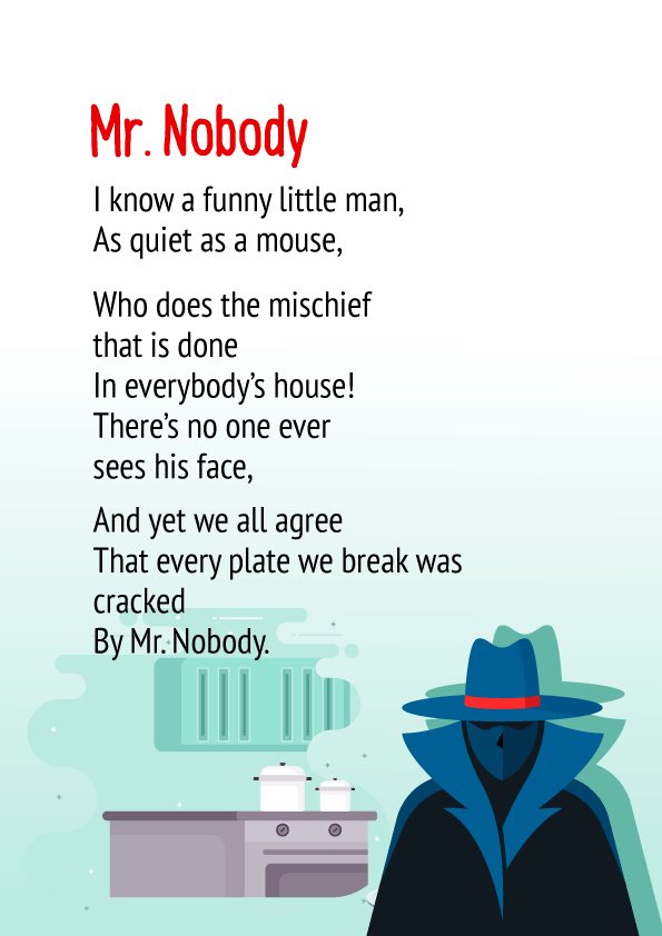 DeliaCazzato's tweet photo. My favourite poem is Mr Nobody π my father told me many moons ago β€οΈ I know a funny little man as quiet as a mouse π Who does the mischief that is done in everybodyβs house π‘ love poetry in all forms π have a wonderful #NationalPoetryDay #PoetDee https://t.co/DRLh0wOCyt