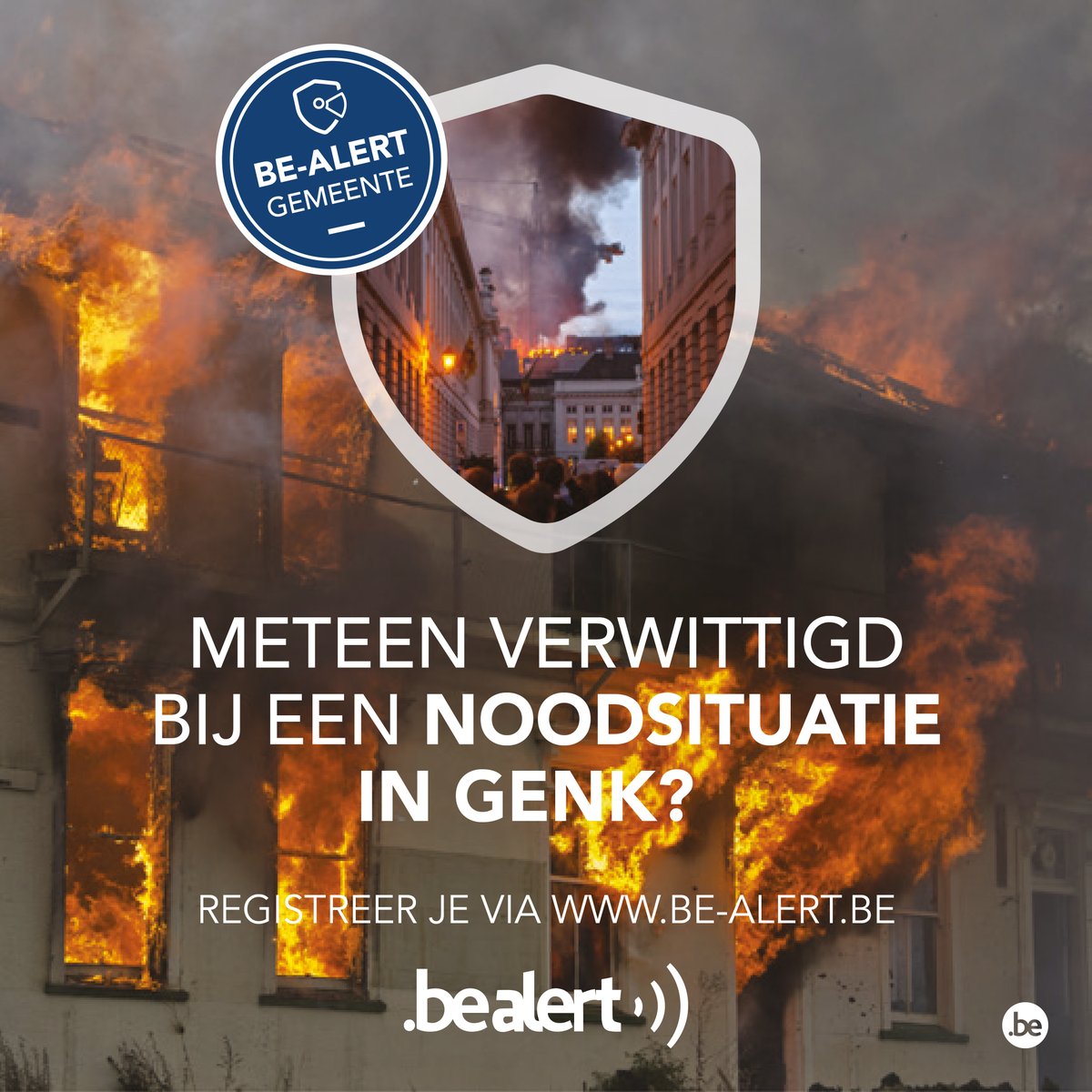 Vandaag om 13 uur testen we #BEalert. 
Wil je meteen verwittigd worden bij een noodsituatie in Genk? 
– Schrijf je nog snel in via be-alert.be