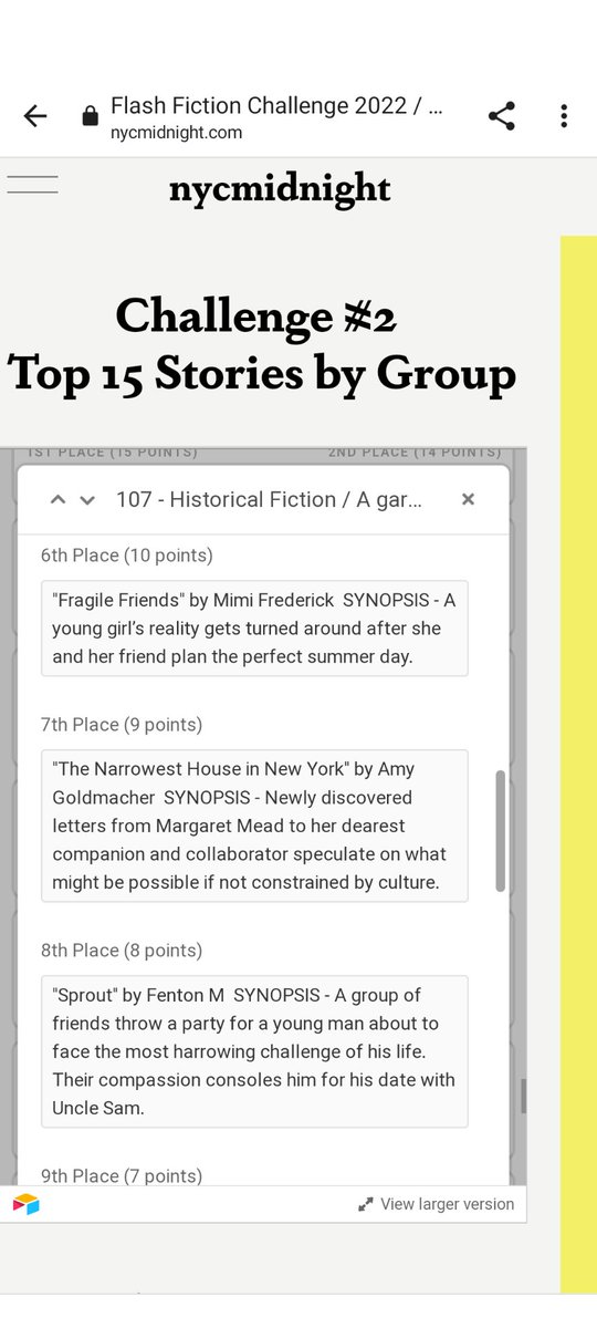Solidgoldmacher's tweet image. Whoa! 7th place in Round 2 of @nycmidnight #flashfictionchallenge2022! Not enough to advance to the next round, unfortunately, but what a ride it has been. Best of luck to the top 5. Write on! See you for #microfictionchallenge2022!