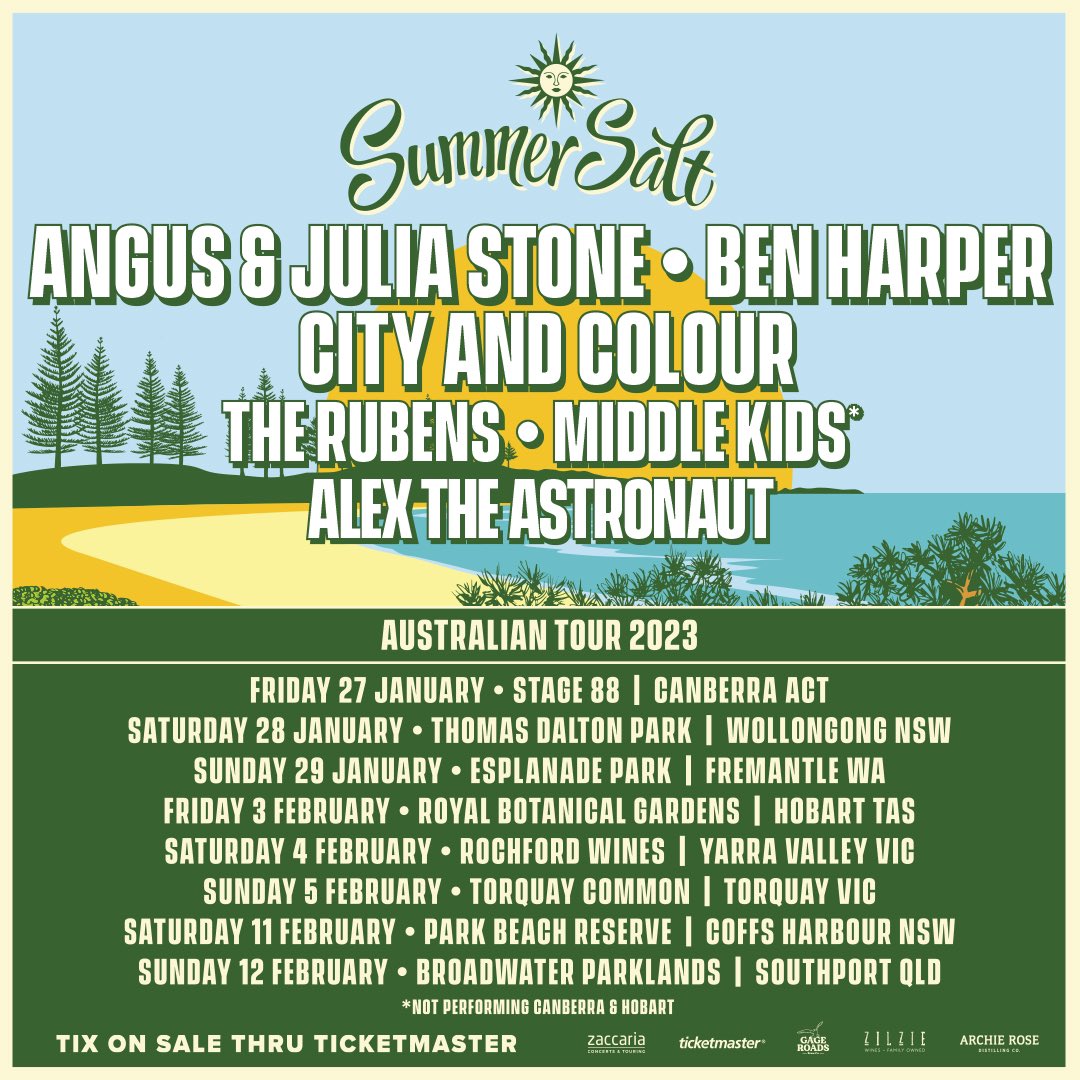 So excited to announce we’ll be playing @summersaltaus 2023
Come hang out and enjoy a full day and night of amazing music with @benharper <a href="/cityandcolour/">City and Colour</a> <a href="/therubensmusic/">The Rubens</a> @middlekidsmusic <a href="/AtheAstronaut/">Alex the Astronaut</a>
Register for Pre-Sale here: tktrev.com/SS23_RegNow starts OCT 11 - 10am