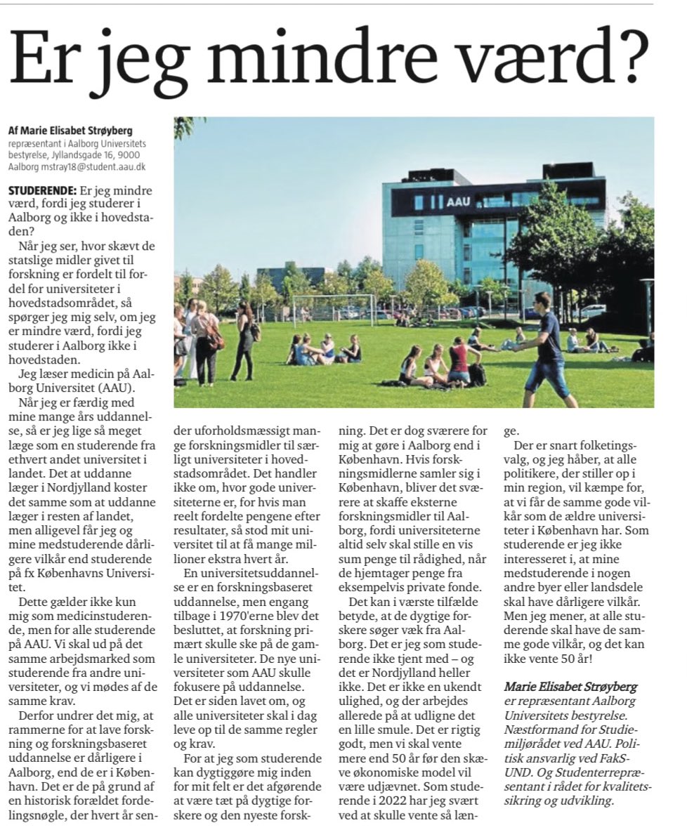 Medicinstuderende Marie Strøyberg stiller meget relevant spørgsmål i <a href="/nordjyskedk/">Nordjyske</a>: Er hendes forskningsbaseret uddannelse mindre værd fordi hun studerer i Aalborg og ikke hovedstaden? Den skæve fordeling af basisforskningsmidler skader studerende, forskning og Nordjylland #uddpol