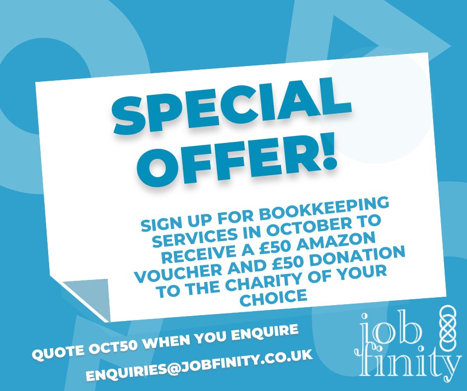 JobfinityUK's tweet photo. 🚨SPECIAL OFFER🚨
Sign up to bookkeeping services with jobfinity in October and receive a £50 amazon voucher & £50 to your chosen charity
Quote OCT50 when contacting us at enquiries@jobfinity.co.uk
https://t.co/GsYfsjYuX5 #jobfinity #bookkeeping #finance #specialoffer https://t.co/n5yV9YM3vQ