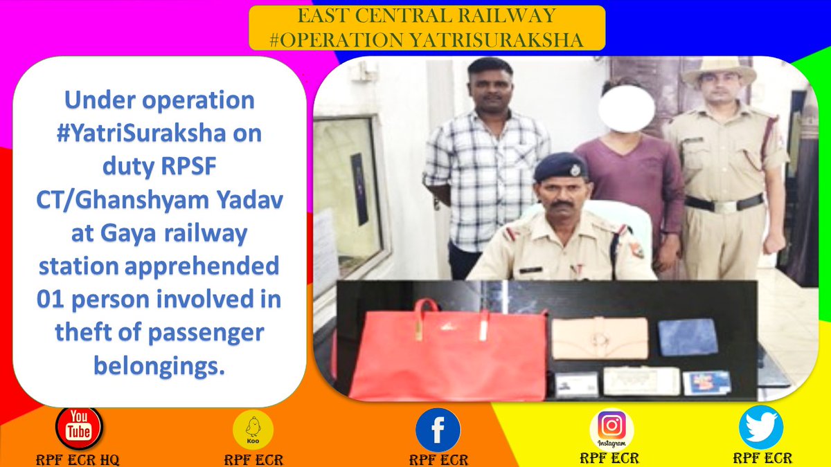 Acting on received input from CCTV surveillance, RPSF  apprehended one person involved in theft of passenger belongings with recovery of one stolen lady purse containing Aadhar card, ATM card &amp; cash 9790/- &amp; handed over to GRPs for further legal action.
#YatriSuraksha
<a href="/RPF_INDIA/">RPF INDIA</a>