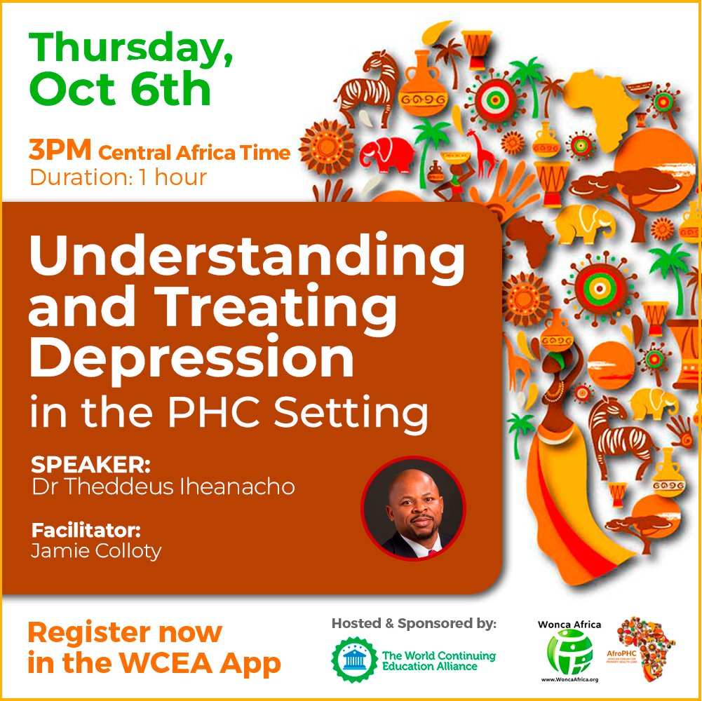 WorldCEAlliance's tweet photo. #Depression is a clinically significant and growing public health issue.  
Join our #webinar #today: "Understanding &amp; Treating Depression in the PHC Setting"
Register in the #WCEAApp
@AfroPHC @WoncaAfrica 
#mentalhealth #publichealth #wceateam #cpdtraining
https://t.co/lOOCvPYwsd https://t.co/uH5IAoQ8z7