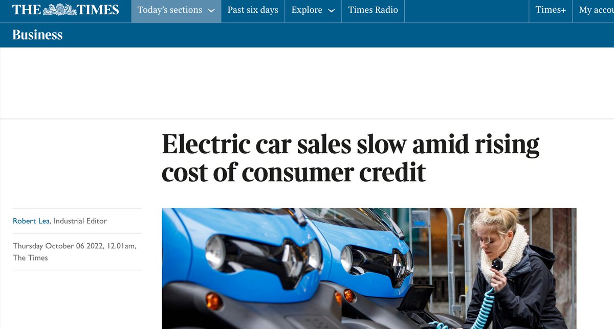 How newspapers work: A story in 3 parts 1⃣New data shows UK sales of pure EVs surged by 40% in 2022, as petrol & diesels slumped by 15 & 43% (BEVs also up 17% in September) 2⃣The Times headline: 'Electric car sales slow' 3⃣Daily Telegraph: 'Electric car sales slow' 🤡🤡🤡