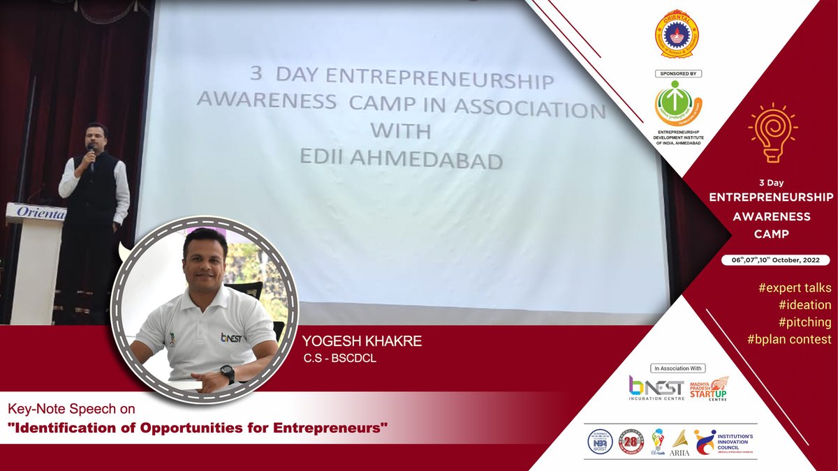 bnestbpl's tweet image. Key-Note Speech on &quot;Identification of Opportunities for Entrepreneurs&quot; by C.S-BSCDCL- Yogesh Khakre on 6th Oct&apos;22 during &quot;3 Day Entrepreneurship Awareness Camp&quot; sponsored by EDII, Ahmedabad in association with B-NeST , Bhopal &amp;amp; MP Startup, Bhopal.
#StartUps #experTalks #Ideation