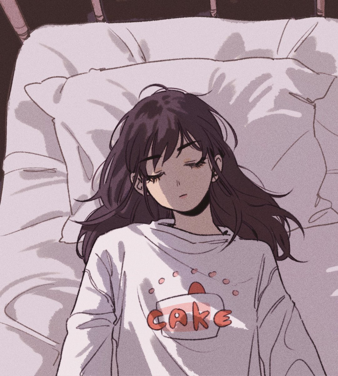 1girl solo closed eyes pillow long hair lying shirt  illustration images