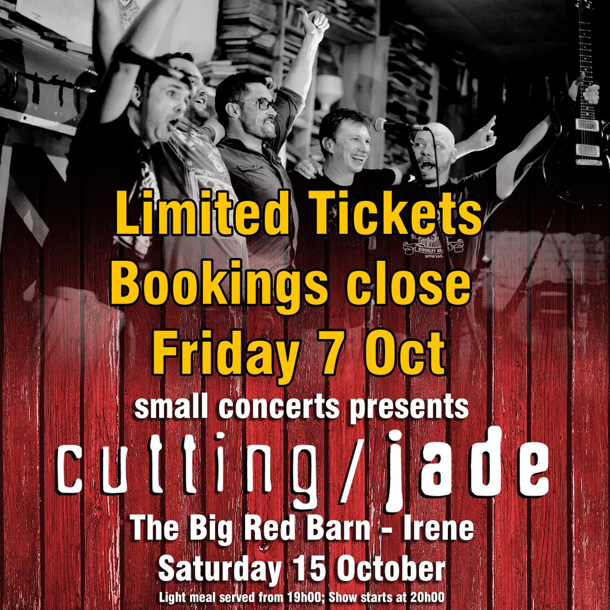 BOOKINGS CLOSE ON FRIDAY, 7 OCTOBER!
LIMITED TICKETS AVAILABLE
<a href="/CuttingJade/">Cutting Jade</a>  The Big Red Barn - Irene, 15 October
Tickets only available online
To book: forms.gle/pnr43xokSok7Hs…