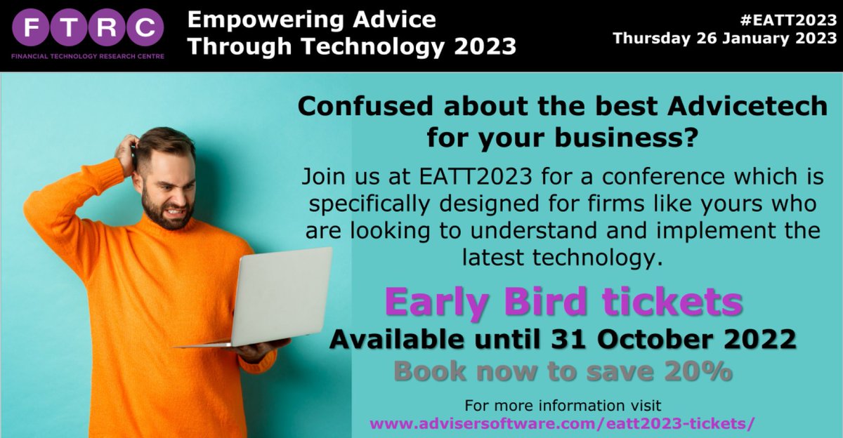 #EATT2023 - with 25% of adviser tickets already sold &amp; 33% of exhibition space already filled, this is an event you won't want to miss. 

Early bird tickets available until 31 October 2022, so be sure to grab yours now &amp; save 20%. 

Visit advisersoftware.com/eatt/ for more info.