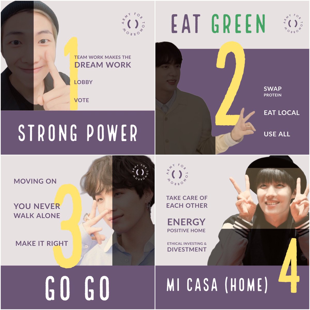 ARMYforTomorrow's tweet photo. To recap our #AnatomyOfAction so far—

no. 👆🏽 is #StrongPower on advocacy &amp; mobilization for #ClimateAction

no. ✌🏽 is #EatGreen on food action

no. 🤟🏽 is #GoGo on transport action

And no. ✌🏽✌🏽 is #MiCasa about how we can love ourselves &amp; the 🌏 while at home https://t.co/iUUZwNOZy0