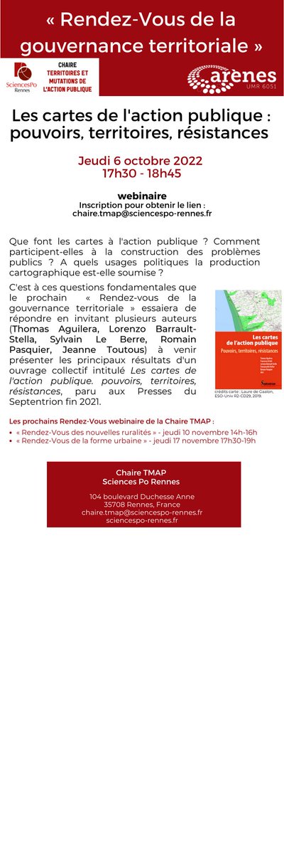📢Aujourd'hui à 17h30, webinaire "Rendez-Vous de la gouvernance territoriale" de <a href="/SPRchaireTMAP/">Chaire TMAP</a> sur les cartes de l'action publique. 
Pour obtenir le lien : chaire.tmap@sciencespo-rennes.fr
