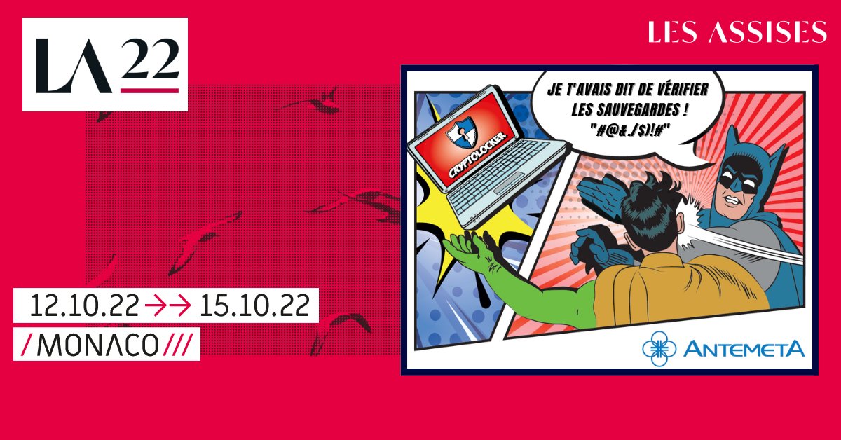AntemetA (@antemeta) on Twitter photo 📅 AntemetA sera présent à Monaco pour <a href="/Les_Assises/">Les Assises</a> à partir du mercredi 12 octobre !
🎤 En prime, AntemetA interviendra le vendredi 14 à 10h30.
La thématique de cette intervention : Je t'avais dit de vérifier les sauvegardes "#@&./$=€%)!#" 📅 AntemetA sera présent à Monaco pour <a href="/Les_Assises/">Les Assises</a> à partir du mercredi 12 octobre !
🎤 En prime, AntemetA interviendra le vendredi 14 à 10h30.
La thématique de cette intervention : Je t'avais dit de vérifier les sauvegardes "#@&./$=€%)!#"