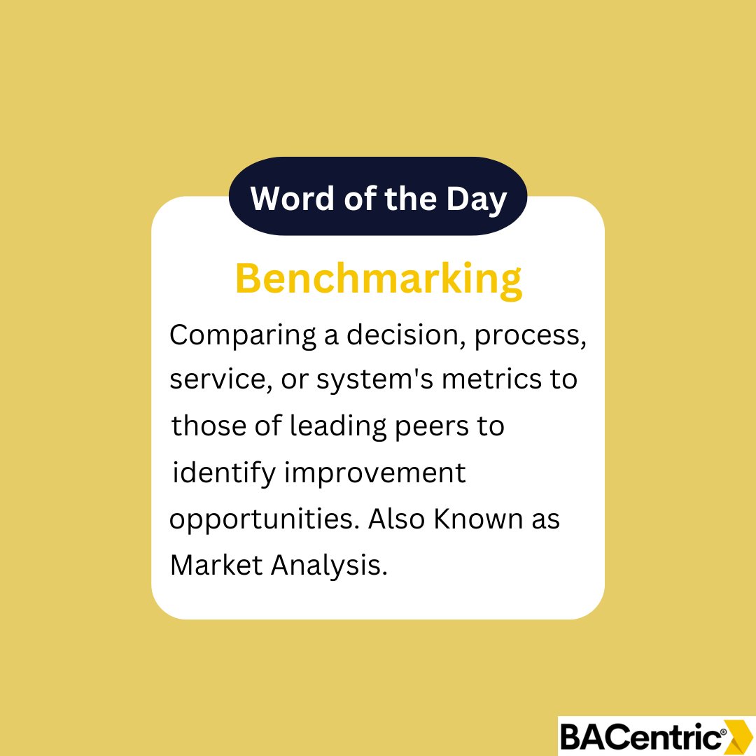 Benchmarking or market analysis helps decision makers track, compare and analyze best practices in their business and industry

#businessanalysis #benchmarking #marketanalysis #businessanalyst #wordoftheday